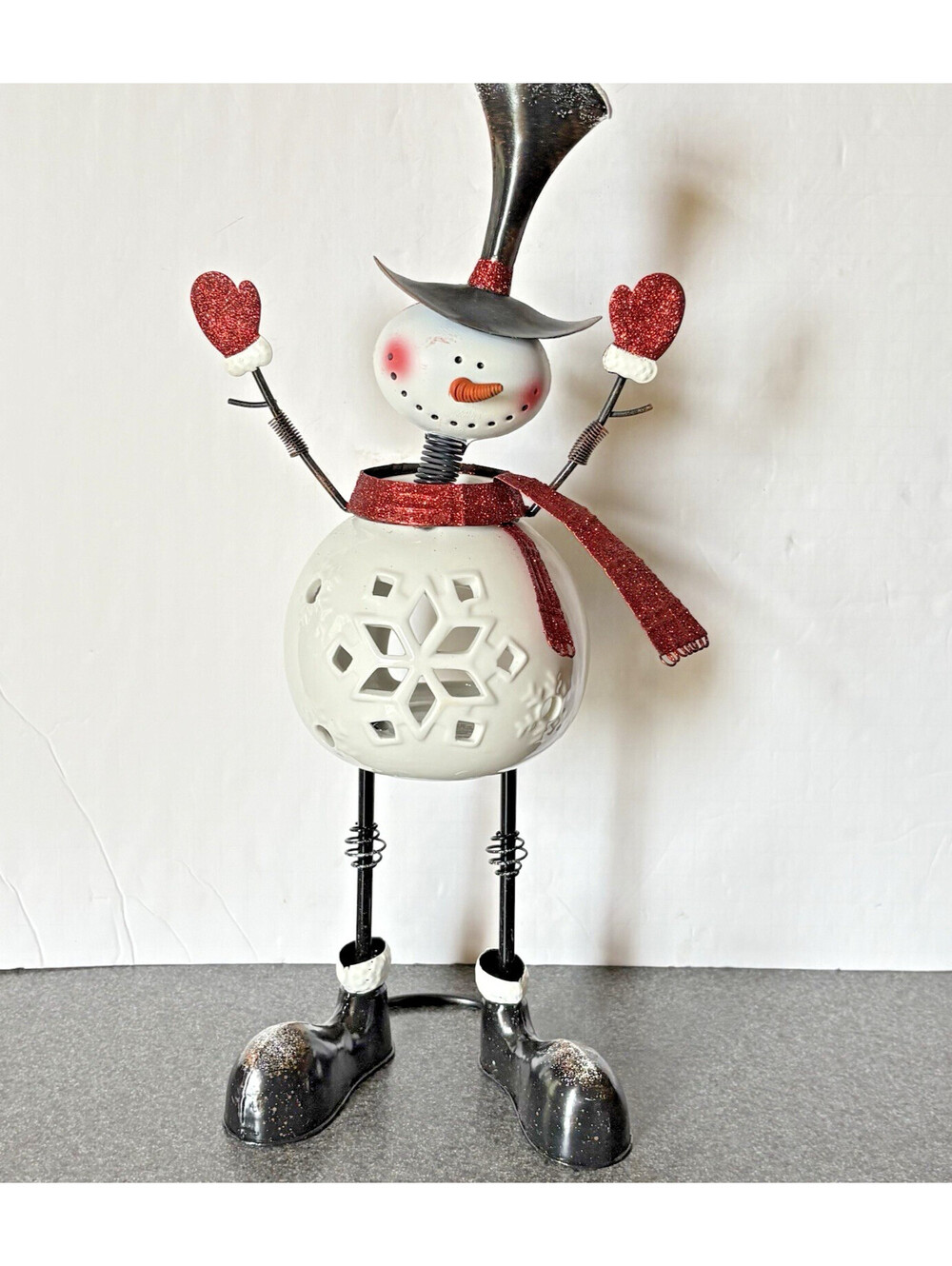 Pier 1 Snowman Bobble head Tealight Candle Holder 16” Christmas Metal & Ceramic